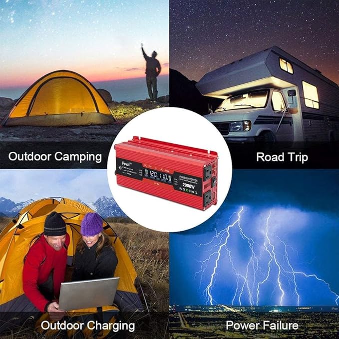 Power Inverter 1000W/2000W (Peak) Dual AC Outlets and Dual USB Charging Ports DC 12V to 110V AC Car Converter with Digital Display
