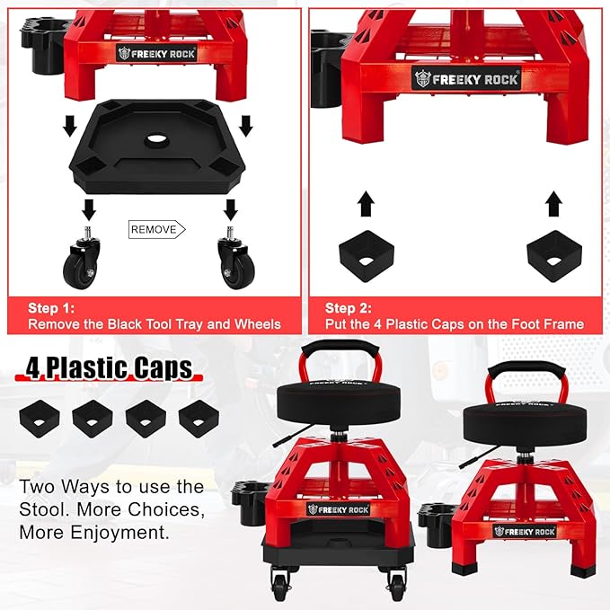 Rolling Shop Stool with Wheels, Heavy Duty Garage Work Mechanic Stool with Backrest, Adjustable Height 360°Swivel Rolling Chair with Tool Tray Storage, 330 LBS Capacity, Red