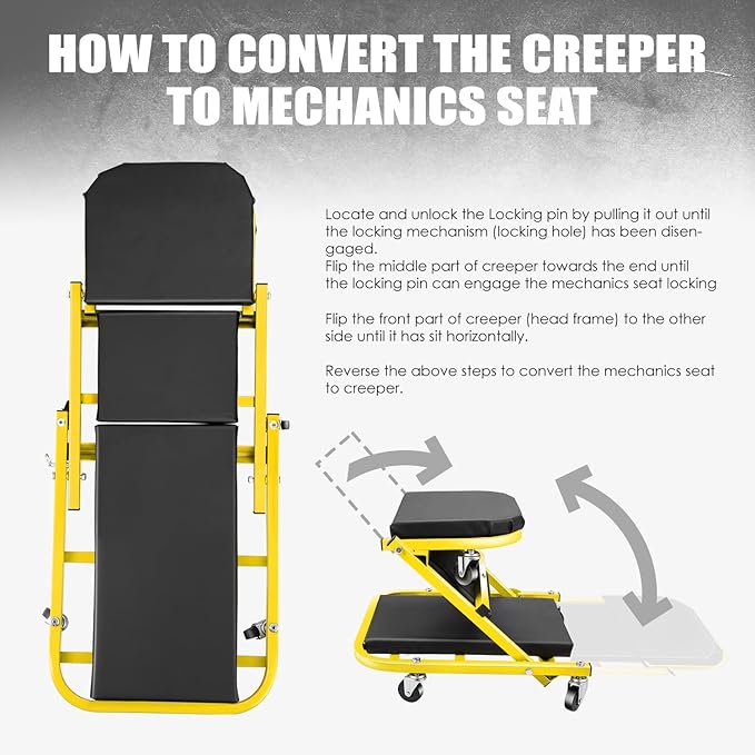 DNA MOTORING 40 Inches Folding 2 in 1 Rolling Z Creeper, Adjustable Roller Garage Chair Lay Down or Sit, 6 Pcs 2" Casters, 150kg Weight Capacity, Yellow, TOOLS-00187-YL