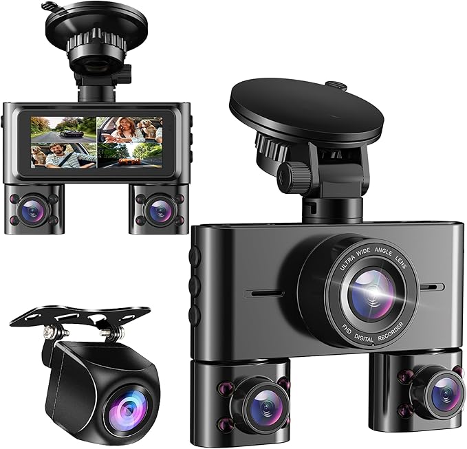 360° Dash Cam Front and Rear Inside, 4 Channel Dash Camera for Cars FHD 1080Px4, Built-in Wi-Fi, 3.16” IPS Screen, WDR Night Vision, Voice Control, Included 64GB Card, 24H Parking Mode
