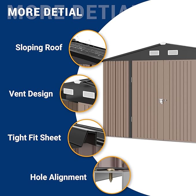 UDPATIO Outdoor Storage Shed 10x10 FT, Outside Sheds & Outdoor Storage Metal Galvanized Steel for Backyard, Patio, Lawn, Tool Shed with Lockable Door for Trash Can, Bike, Lawnmower, Generator