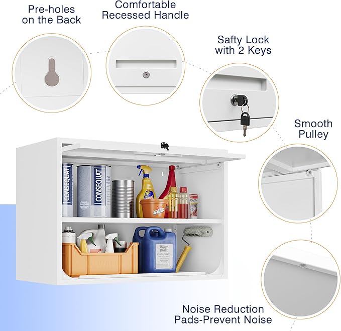 Yizosh Metal Wall Cabinet with Doors and Shelves, Floating Storage Unit for Garage or Basement (White, 21.6" H)