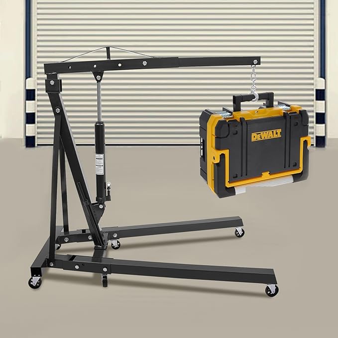 Folding Engine Crane 1 Ton Folding Engine Hoist 2200lbs Hydraulic Crane with 6 Iron Caster Wheels for Garage, Workshop (Black)