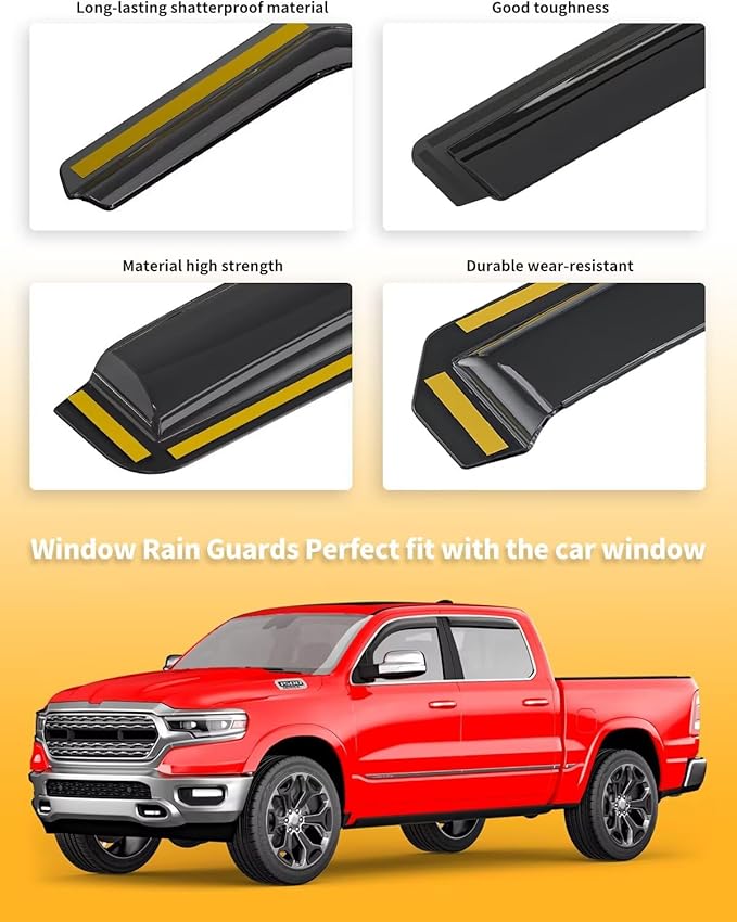 in-Channel Window Rain Guards Fit for Truck Dodge RAM 1500 (New Body Style Includes TRX) 2019-2025 Crew Cab Extra Durable Window Visors Window Deflectors Vent Shades Car Accessories-4 pcs