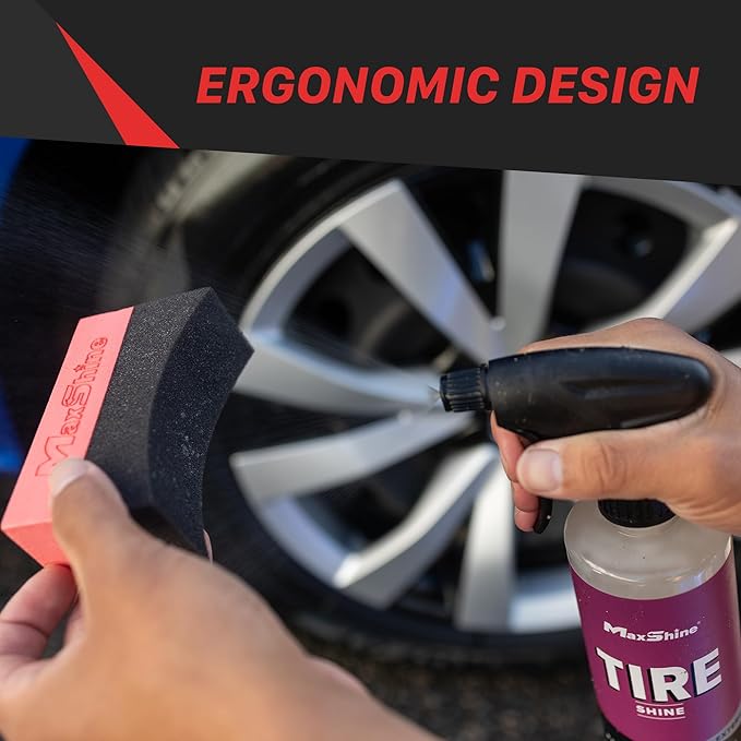 Maxshine Tire Dressing Applicator, Curved Foam Pad 10x4cm, Red & Black | Ergonomic Grip, High-Density Non-Abrasive | Even Tire, Trim & Wax Application