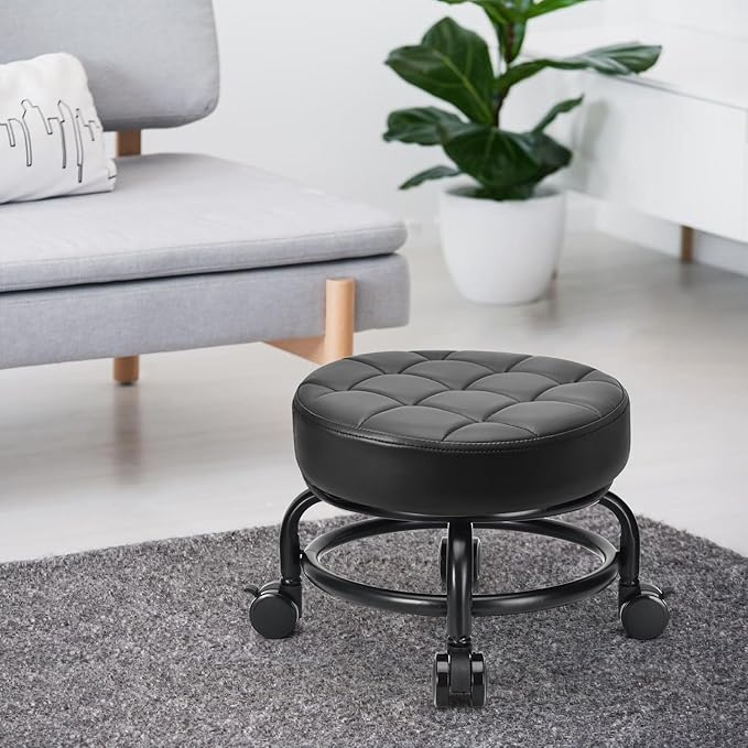 Low Roller Seat Low Height Rolling Stool PU Leather Rolling Stool, Modern Rolling Chair for Home Office Garage Shop