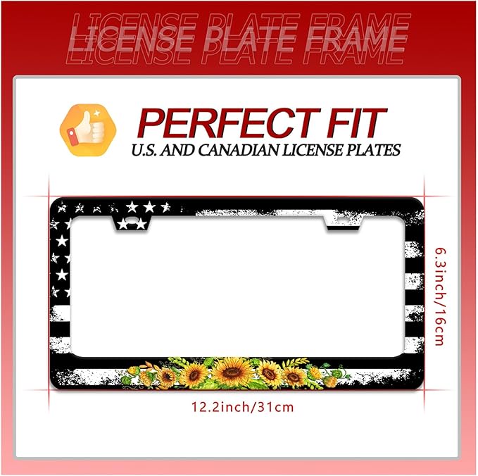 American Flag Sunflower License Plate Frame Patriotic Floral License Plate Frames for Car Decorative Parts Stainless Stee License Plate for Standard Us Canada Funny License Plate Holder 12x6 Inch