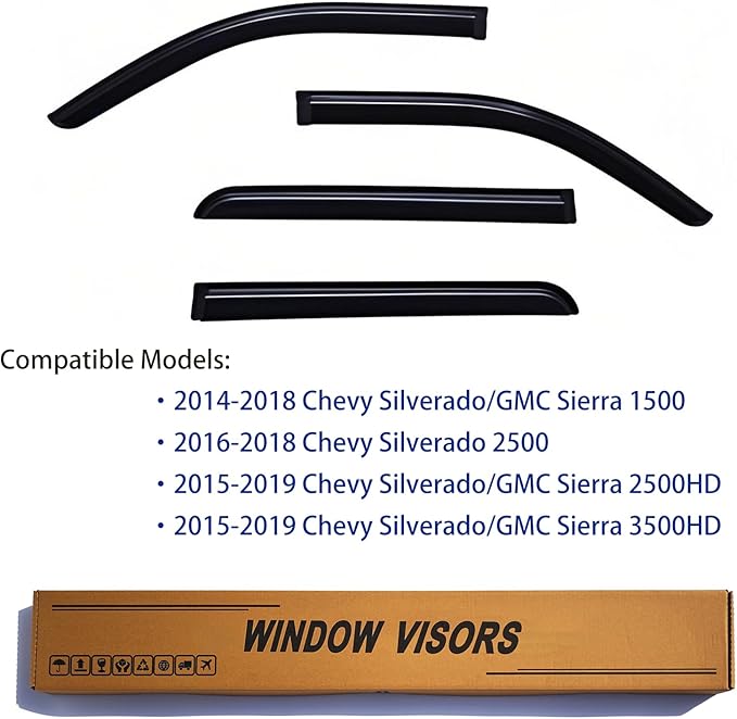 Window Visors Rain Guards fits 2014-2018 Silverado 1500 & GMC Sierra 1500, Out-Channel Window Wind Deflectors Vent Shades for 2015-2019 Silverado/GMC Sierra 2500 HD/3500 HD Crew Cab