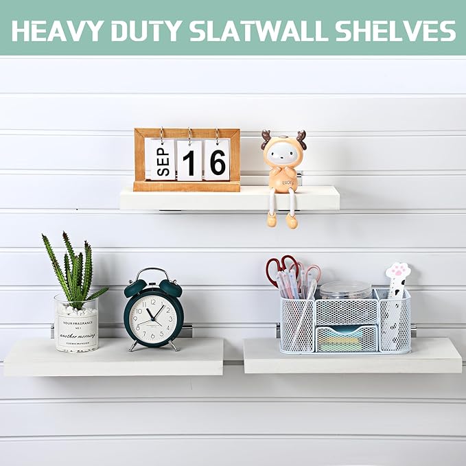 4 Pack Wooden Slatwall Shelf, 16.1" D x 6.7" W x 1.1" H Slatwall Shelves with Metal Hooks Organizer Set Mounted Accessories for Garage Home Workshop Workbench