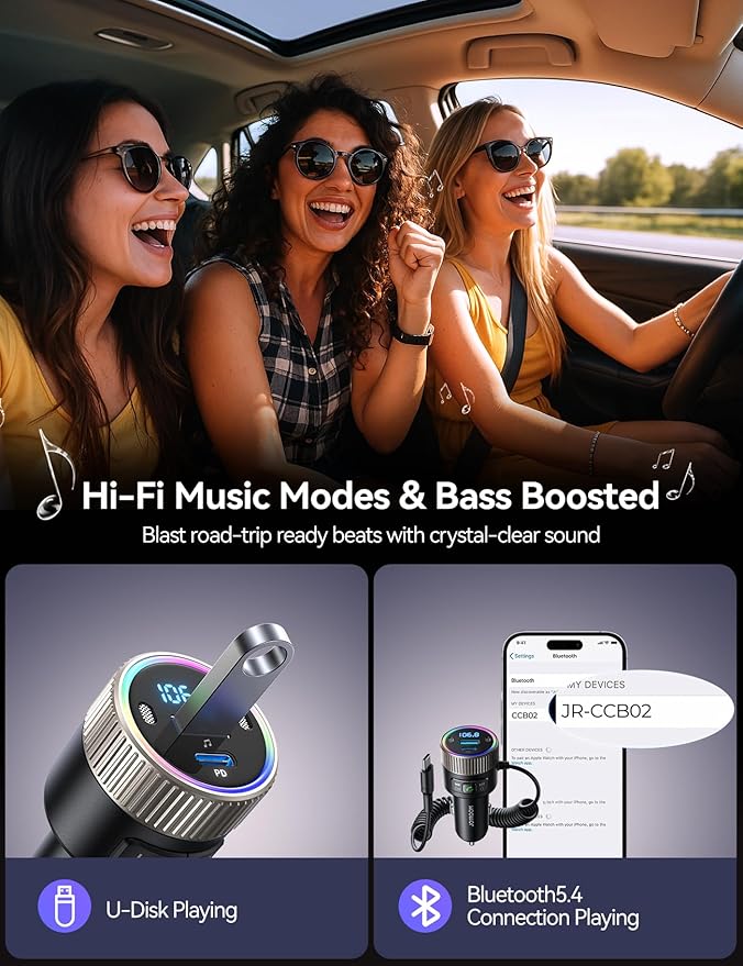 JOYROOM Bluetooth 5.4 FM Transmitter for Car, [60W PD 3.0] Bluetooth Car Adapter Fast Charging with USB C Cable, Cigarette Lighter Radio Music Adapter, Hands-Free Calling, Light Control, USB Drive