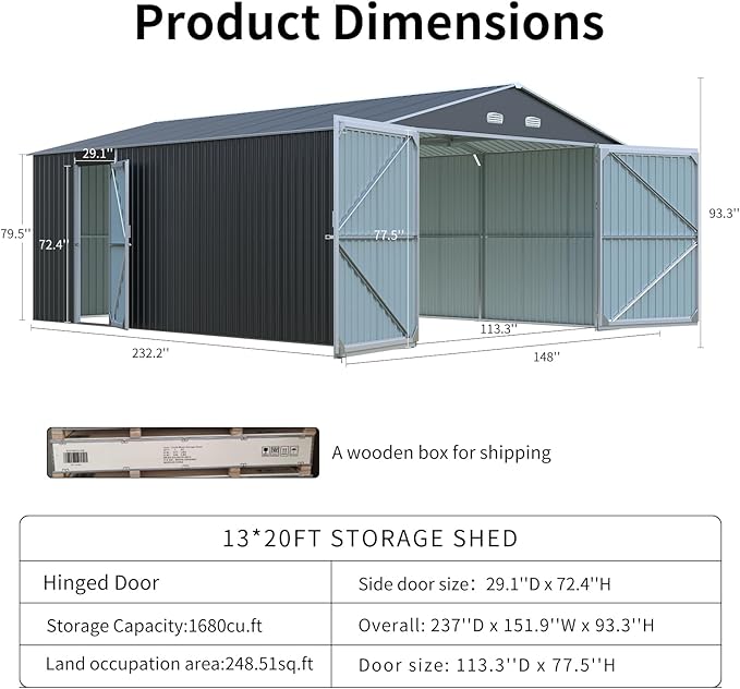 KUIKUI Shed 20x13 FT, Metal Shed Without Floor, Outdoor Storage Shed with Lock for Car, Truck, Lawnmower