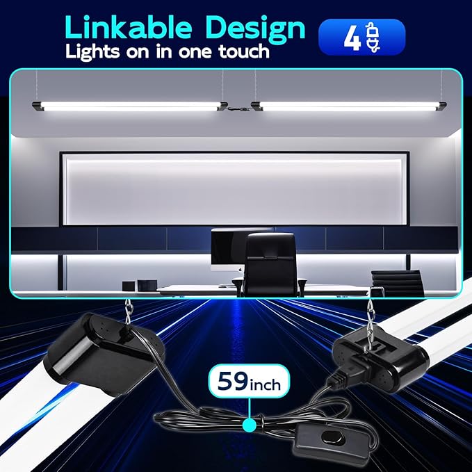 hykolity 4 Pack Linkable LED Shop Light, 4FT 44W [300W Equivalent], 4600lm, 5000K Daylight, Plug-in Utility Bay Light Fixture, Hanging or Surface Mount, Black - Energy Efficient Lighting Solution