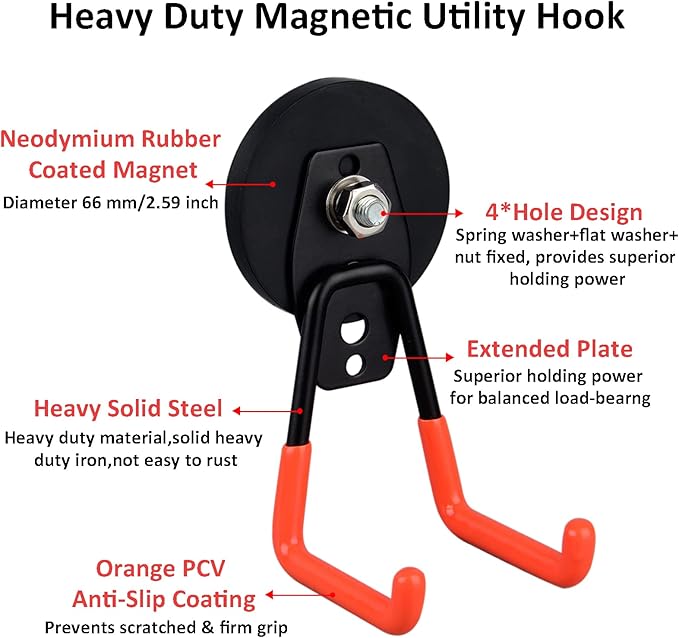 ULIBERMAGNET Heavy Duty Magnetic Garage Hooks,Strong Large Magnet Hooks for Power Drill,Garden Tools,Hose,Pegboard,Garage,Workshop,2 Pack Magnetic Storage Holder for Indoor Outdoor Hanging(Orange)