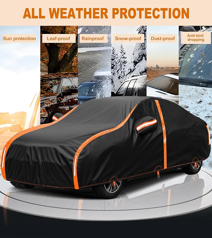 Car Cover Waterproof All Weather for Automobiles Winter Snowproof Rain UV Protection Heavy Duty Outdoor Sedan Car Cover & Car Snow Cover Universal Fit for Sedan Length Up to 194’’