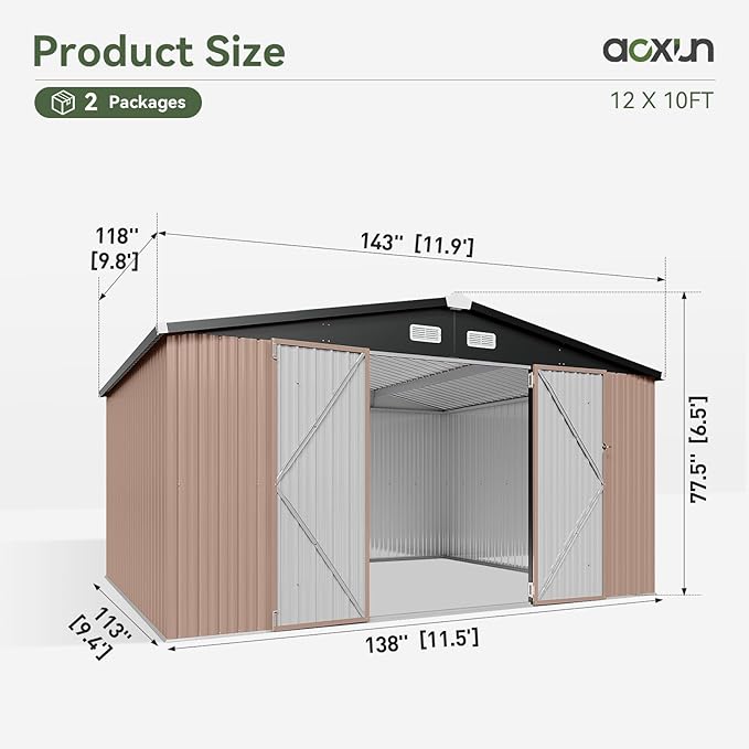 Aoxun 12x10 FT Shed Outdoor Storage Shed with Spacious Doors, Large Shed Steel Utility Tool Shed Storage House with Door & Lock, Metal Sheds with Sloped Roof for Garden Patio Lawn Poolside, Brown