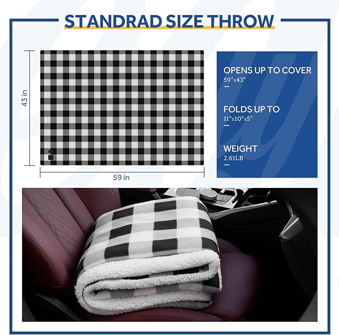 Sealy 12-Volt Heated Car Blanket with 2 USB Output Ports, 3 Heating Levels & 4 Hours Auto Off, Electric Blanket for Car, Truck, SUV, RV or Camping, Machine Washable, 59" X 43", Plaid