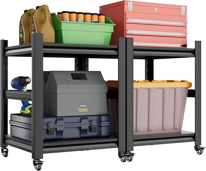 2 Sets Garage Shelving with Wheels and fences Unit 2 Tier Heavy Duty Storage Shelves Easy Assembly Adjustable Metal Steel Utility Shelf Rack Garage Storage Organize for Tools Basement,Warehouse