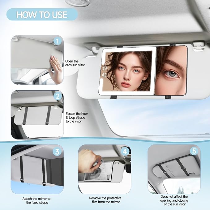 Car Sun Visor Vanity Mirror with Lights,Side with 6 inch 20X Magnifying Mirror,Rechargeable Car Makeup Mirror with 3 Light Modes,Dimmable Touch Led Screen,Black