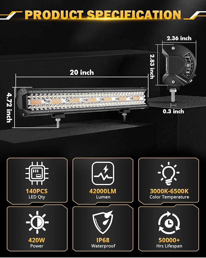 Auxbeam 20 Inch 420W LED Light Bar, 6 Modes Strobe Amber Pod Lights Yellow Fog Light Dual Color Spot Flood Offroad Driving Lights, Memory Function LED Work Lights for Truck Car ATV
