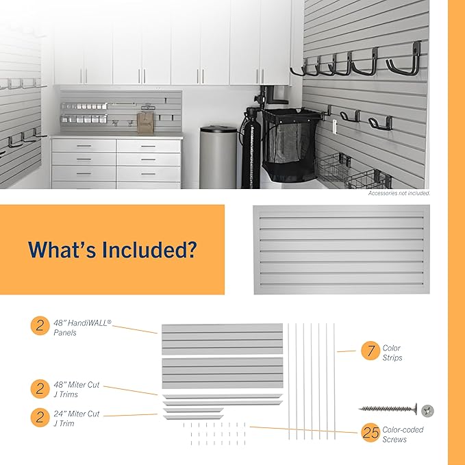 HANDIWALL (GRAY) PVC Slatwall Garage Wall Organizer, 4x2ft Heavy Duty Framed Slatwall Panel Storage Kit, Wall Mount Organizing Storage System For Slatwall Accessories