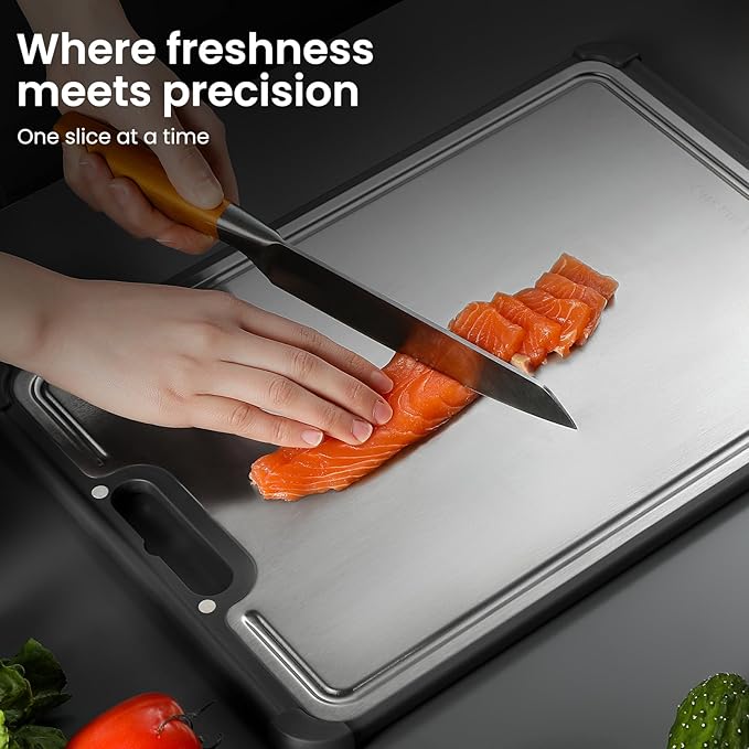 Premium 316 Stainless Steel Cutting Board for Kitchen– Double Sided,Non-Toxic& BPA-Free Chopping Board with Food-Grade Steel &Eco-Friendly Wheat Straw PP,for Meat&Vegetables Healthy Organic Board