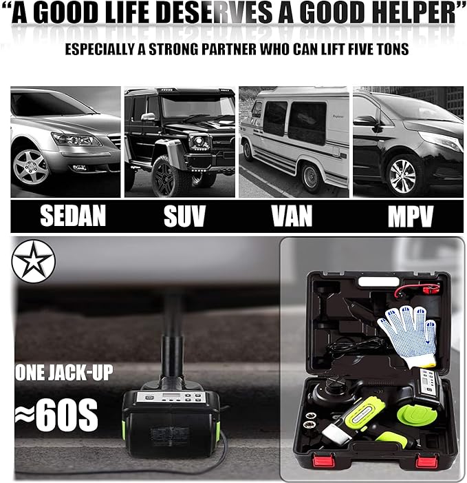 Wayska Electric Car Jack - 5 Ton, 12V Hydraulic Floor Jack with LCD Display, Electric Impact Wrench & Inflator Pump for SUV, Sedan, Truck Lift & Tire Change