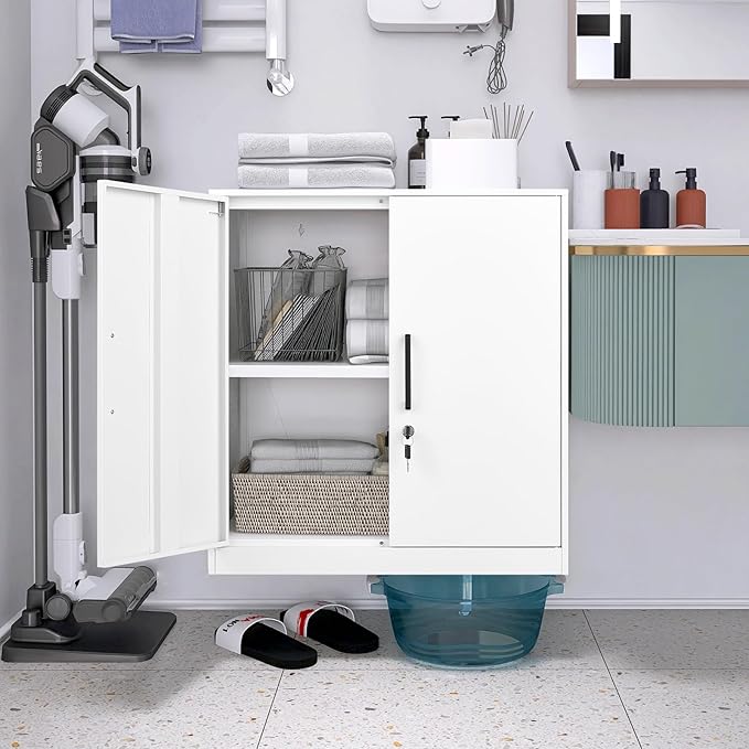 LUCYPAL Locking Storage Cabinets,Metal Cabinet with Adjustable Shelves and 2 Doors,Steel Counter Cabinet with Lockable Doors for Home Office (White)