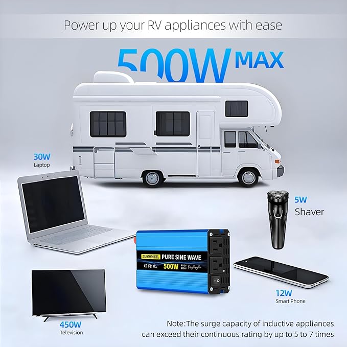 SUNWHEEL 500W 24V Pure Sine Wave Inverter, DC 24V to AC 110V/120V Car Power Inverter, Peak Power 1000W Car Plug Adapter Outlet Converter with Dual AC Sockets and LCD Display