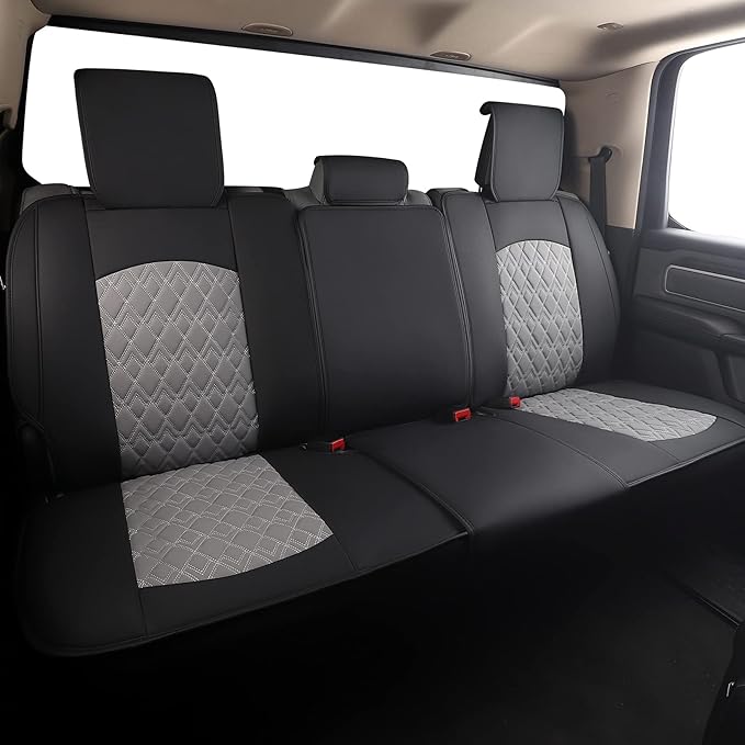 JOJOBAY Car Seat Covers for Dodge Ram Full Set,Fit Ram 2009-2025 1500/2500/3500 Pick-up Truck,Crew,Regular,Quad,Mega Cab,Waterproof Leather Seat Covers Protectors（5 PCS Full Set,Black-Grey）