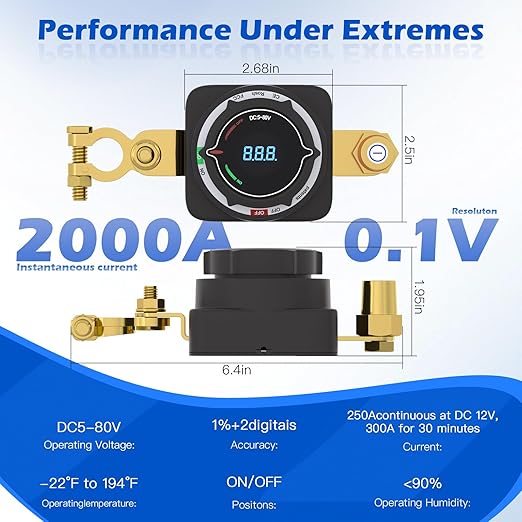 MaySpare Top Post Battery Disconnect Switch with Digital Voltage Display, DC 5-80V On Off Kill Switch, Voltmeter Power Cut Master Disconnect Isolator for Car RV Marine Boat Camper Truck Trailer