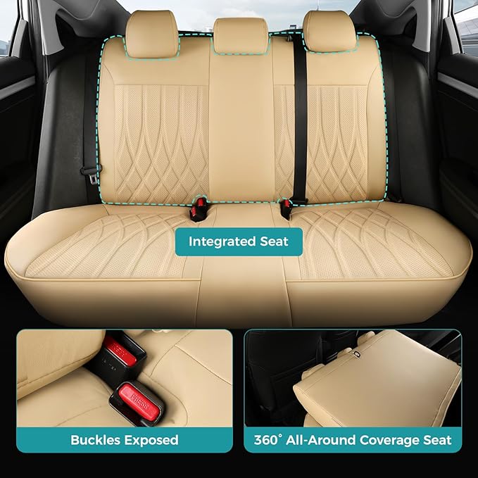 Seat Covers for Honda Civic Sedan LX 2016 2017 2018 2019 2020 2021, Faux Leather Car Seats Cover Full Set (Rear Row Solid & No Folding Backrest)-Beige