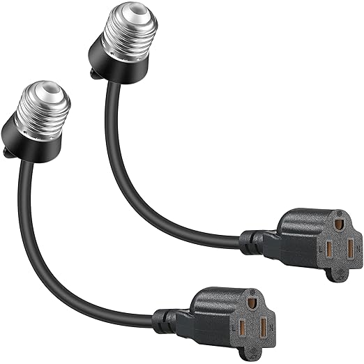 Feekoon 2 Pack 3 Outlet Light Socket Adapter, Convert E26/E27 Bulb Socket to 3 Prong Outlet with Extension Cord, Light Bulb Plug Adapter Converter Suitable for Outdoor Porch Garage Patio Use (Black)