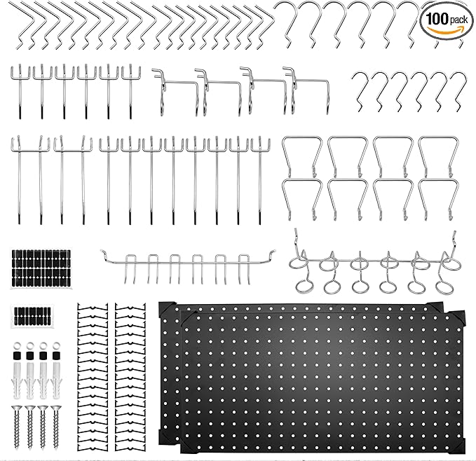 100PCS Pegboard Accessories Organizer Kit,Paper Towel Holder,Closet Organizers and Storage - Easy Storage and Organization for Garage, Workbench,Shelves,Tools.(12x24 Inch Panels with Hooks)