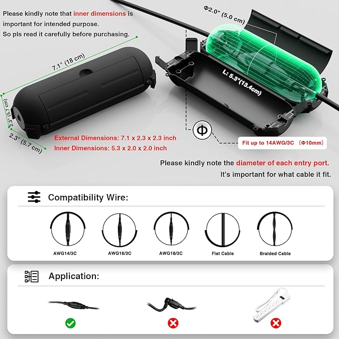 Flemoon [3 Pack] Outdoor Extension Cord Safety Cover with Waterproof Seal, Weatherproof Electrical Connection Box to Protect Outdoor Outlet, Plug, Socket, Christmas Holiday Decoration Light, Black