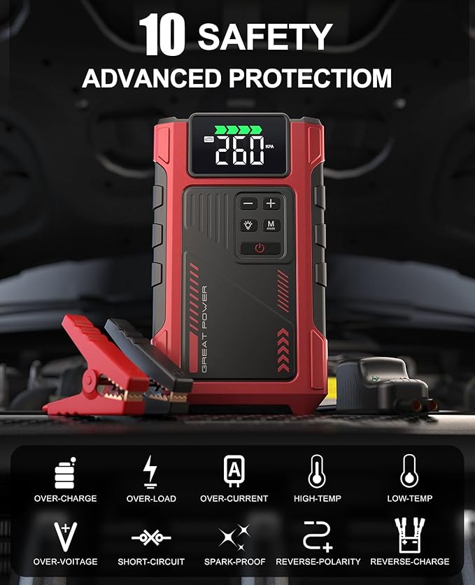 4000A Car Jump Starter with Air Compressor, Portable Charger Jumpstart 12V Vehicle, Power Pack with 150PSI Tire Inflator for 9.0L Gas/7.5L Diesel Engines Jump Box with Light and Jumper Cable