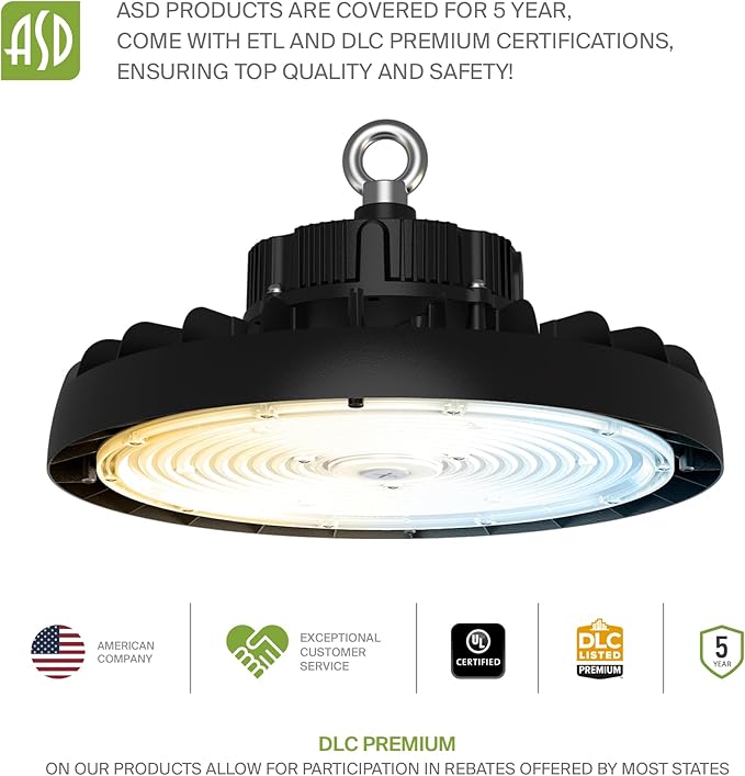 ASD LED High Bay UFO Light Fixture, Commercial Shop Lighting | 3CCT, Dimmable, IP69K Waterproof, DLC Premium, UL Listed | 300W 47700LM 3000-5000K 100-277V | Warehouse, Garage, Workshop Lamp | Black