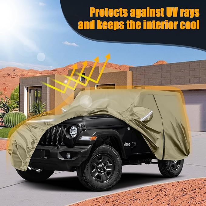 Waterproof Car Covers Replace for 2007-2025 Jeep Wrangler 2 Door, Multilayer Heavy Duty with Cotton Liner All Weather Car Cover with Zipper Door, Windproof Bands for Snow Rain Dust Protection