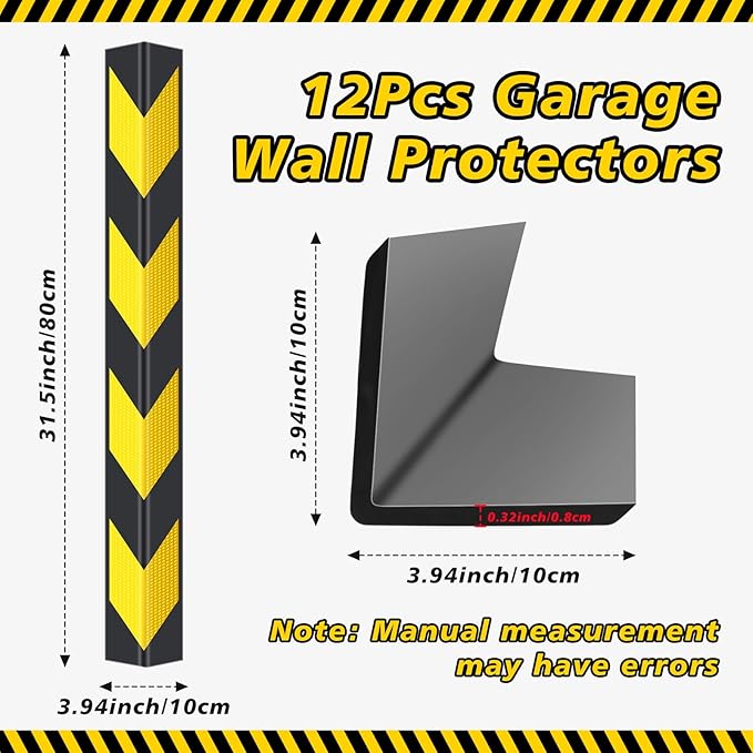 12 Pack Garage Wall Corner Guards, 31" Rubber Edge Protectors with Reflective Stripe for Parking Safety, Car Bumper and Wall Corner Protection