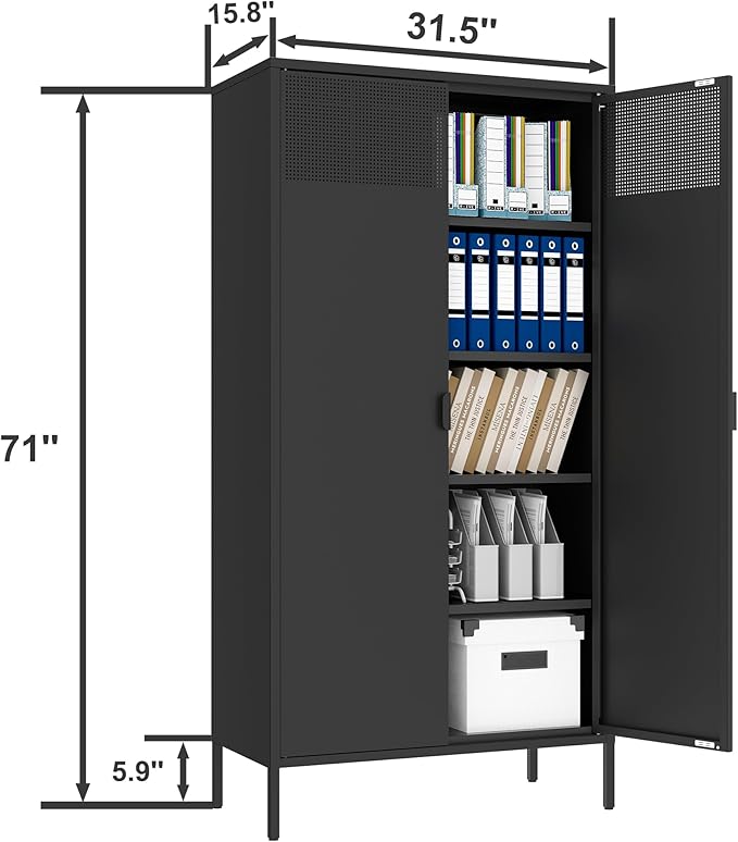 Metal Storage Cabinets with 4 Adjustable Shelves，Black Metal File Cabinet, 71'' Steel Storage for Home & Office, School,Kitchen Pantry,Tool Cabinet，Garage, Black