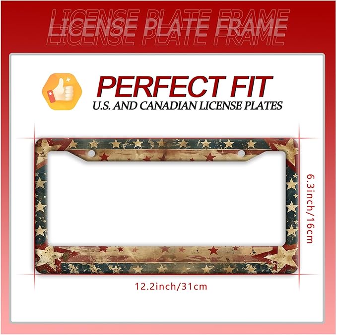 Retro American Flag License Plate Frame USA Flag Patriotic License Plate Holder Funny Stainless Steel Accessories Cars Decor with 2 Holes and Screws Fits Standard Us Ca Vehicles 12.2 X 6 Inch