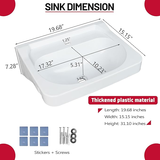 Wall Mount Bathroom Sink 19.7*15.3 No-Drill Installation Self-Adhesive Wash basin with Faucet Hole Bathroom Sinks Floating Vanity Sink for Lavatory Room Basin Plastic Rv Sink forGarage (19.7*15.3*7.1)