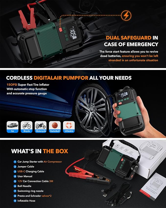 Portable Car Jump Starter with Air Compressor - 3000A/150PSI, 12V Portable Jump Box for 5.0L Diesel & 8.0L Gas, Compact Battery Jump Pack, Extended Smart Jumper Cables, USB Outputs, and Lights