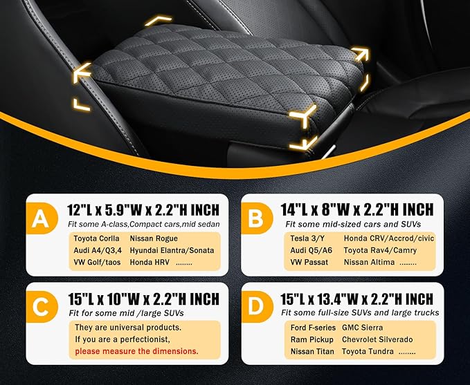 Car Center Console Cover pad Genuine Cowhide Leather,Black Armrest Box mat, Vehicle Arm Rest Cushion Protector,Memory Foam true cow Leather,Consoles Hand Rest Pillow(sizeA 12 x 5.9 x 2.2 inch)