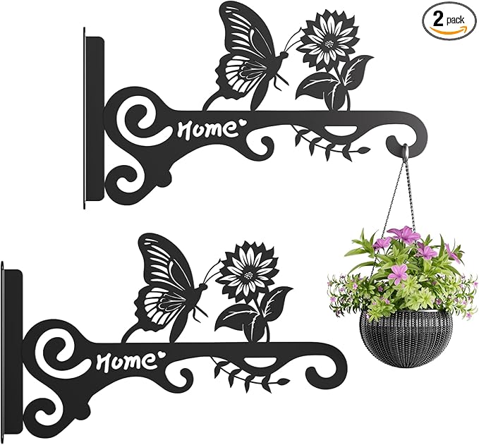 10 Inch Metal Plant Hooks (2-Pack) - Decorative Wall Hangers with Butterfly Design for Indoor & Outdoor Use - Hanging Brackets for Plants, Flower Baskets, Bird Feeders - Patio, Garden, Home Decor
