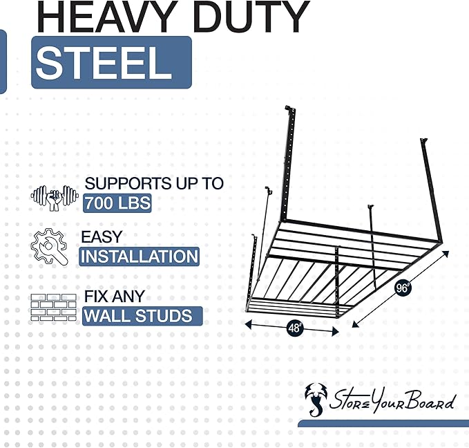 StoreYourBoard 4X8 Garage Storage Rack with Hooks, Ceiling Shelf Overhead Organization, Heavy Duty Steel Platform Holds 700 lbs, 96 in. x 48 in. x 40 in.