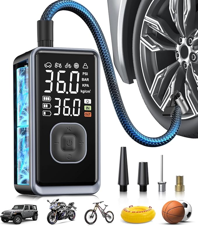 Tire Inflator Portable Air Compressor, 150PSI Cordless Mini Air Pump with Digital Pressure, Bike Pump, 3X Fast Inflation Tire Inflator for Car, Motorcycle, Bike, Ball-LED Light and Auto Shut-Off