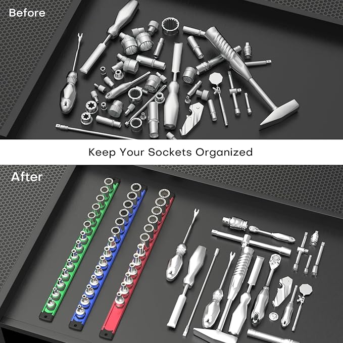Magnetic Socket Holder Organizer Set, 3-Piece Heavy Duty Socket Rack Kit, 360° Swivel Aluminum Alloy Socket Rail for Tool Box - 1/4-Inch x 14 Clips, 3/8-Inch x 14 Clips, 1/2-Inch x 12 Clips