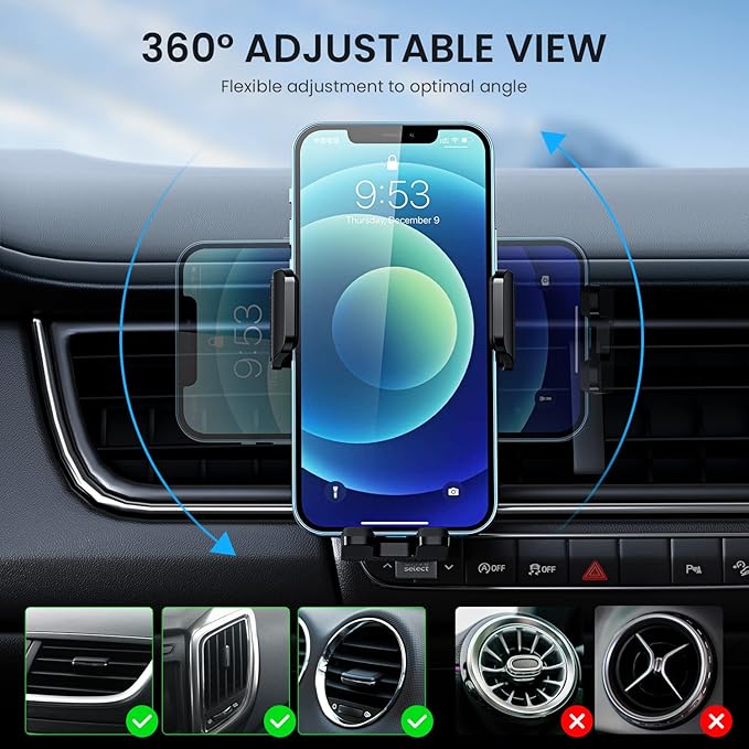Qifutan Car Phone Holder with Anti-Slip Rubber, 360 Rotating Ball Joint, and Adjustable Support Ring for iPhone and Other Smartphones