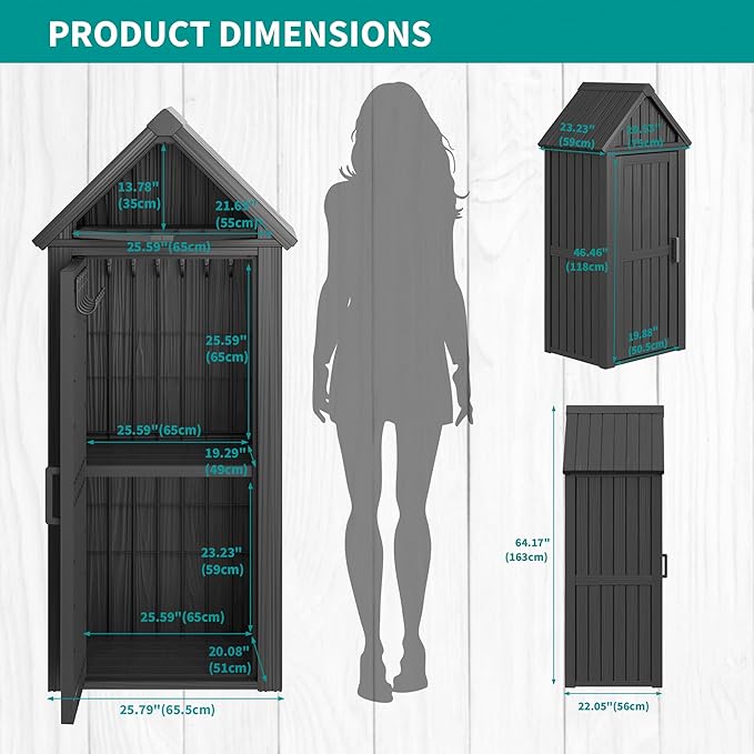 Shed Outdoor Storage Shed with Sloping Roof and Lockable Door, Resin Outdoor Storage Box Cabinet Waterproof and Multiple Hooks for Backyard, Patio, Poolside, Black