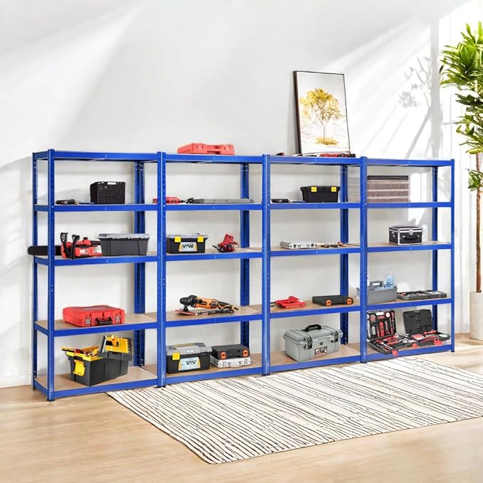 ERGOMASTER 5 Tier Utility Shelves Rack Garage Heavy Duty Steel Metal Shelving Unit with Adjustable Design, Bolt-Free Assembly & 380 LBS Wight Capacity Per Tier (Set of 4, Blue)